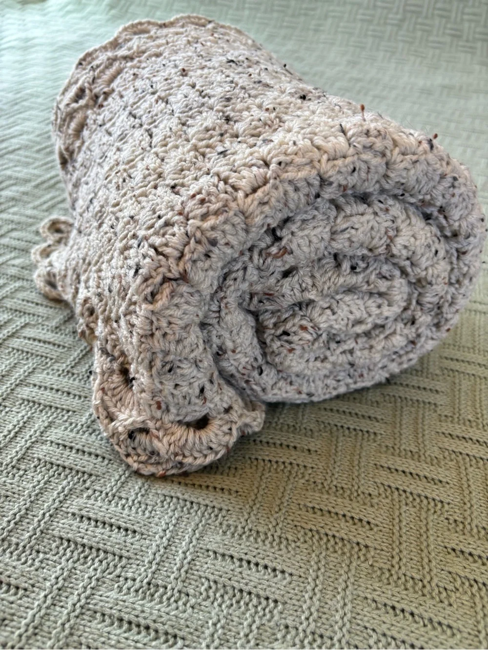 Handmade Crochet Blanket in Light Beige Heather